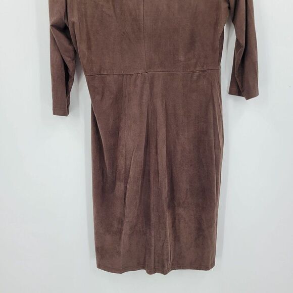 Vintage Faux Suede Mock Wrap 3/4 Sleeve Dress S Brown Stretch Native Peasant - Picture 8 of 8